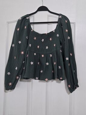 Amazon Dark Green Floral Peasant Blouse with Pink and White Flowers